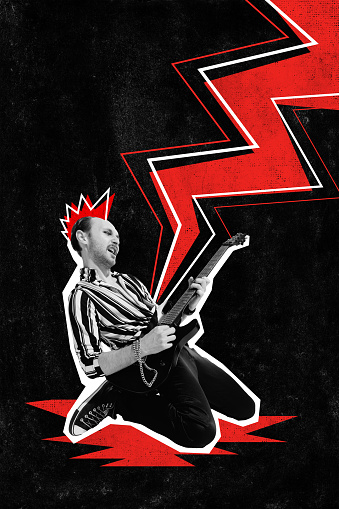 Poster. Contemporary art collage. Rock music King. Young energetic man playing electric guitar and music bursts out like red lightning from instrument. Concept of Rock-n-roll day, concert, festival.
