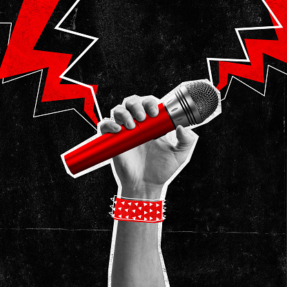 Poster. Contemporary art collage. Power punk Ballad. Hand, pulsing like overdriven power chords, clutches blood-red microphone. Concept of Rock-n-roll day, concert, festival. Magazine style.