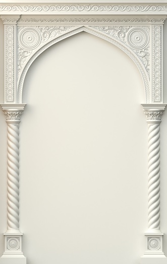 3d illustration background. Wooden carved classical oriental arch