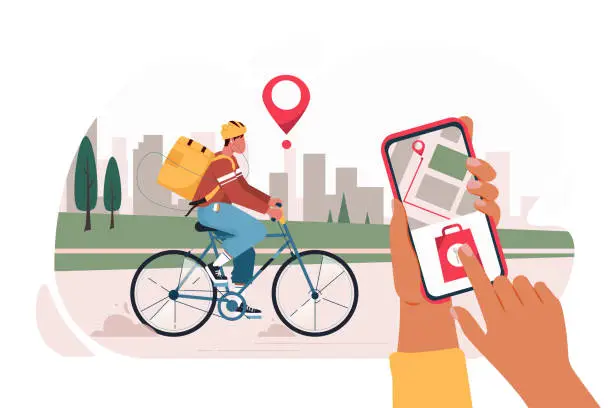 Vector illustration of Delivery Service. Food delivery app on a smartphone tracking. Bike delivery service concept, courier riding bicycle with delivery box, hand holding smartphone with location flat vector illustration