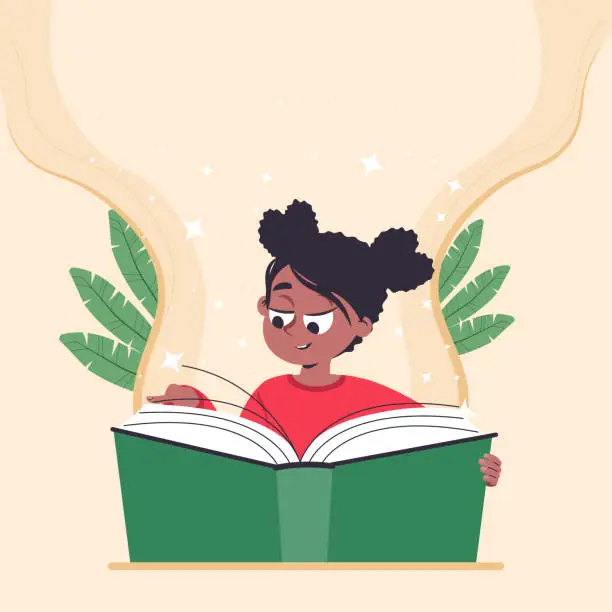 Vector illustration of Cute girl reading a book. Children reading or studying with book. Black skin female with book, readers, young fans of literature. Modern flat cartoon colorful vector illustration with place for text.