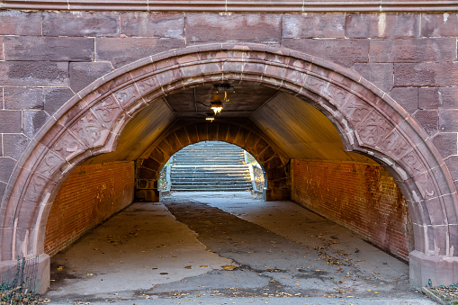 Close-up of Central Park's historic Trefoil Arch, interior and outer design features.