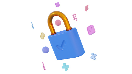 Cyber security internet concept. 3D Lock with particle geometry figure. Networking Safety connect. Check shape with padlock. Safety and privacy your data. Cartoon realistic icon isolated. 3D Render