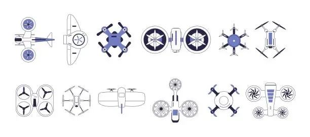 Vector illustration of A set of drones and unmanned aerial vehicles.