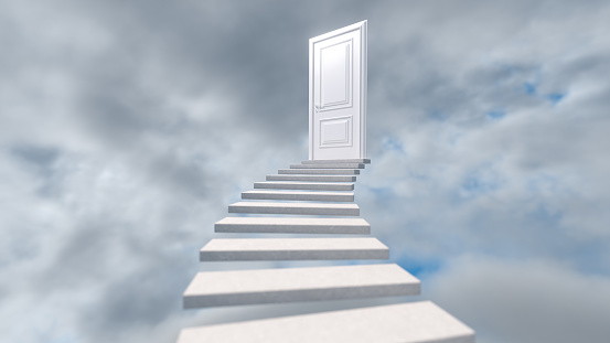 White staircase to a closed door against a colorful sky. Stairway to the Top. Soul Moving to Paradise. 3d render