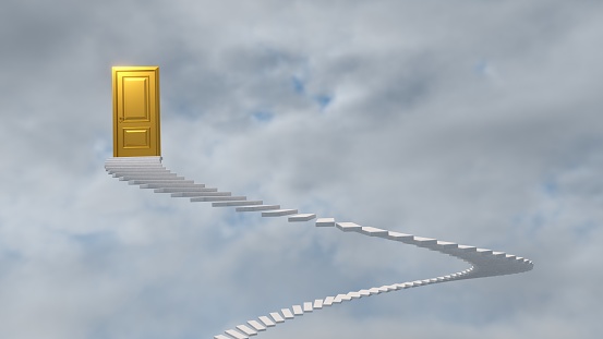 White staircase to a closed golden door against a colorful sky. Stairway to the Top. Soul Moving to Paradise. 3d render