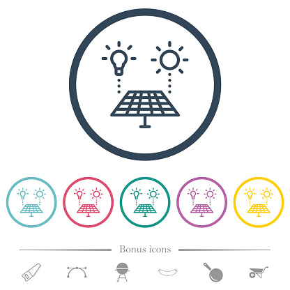 Solar energy recycling flat color icons in round outlines. 6 bonus icons included.