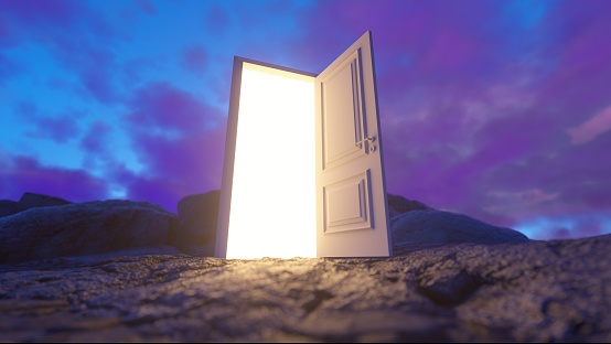 The door open and a bright orange light fills the space against a fantastic backdrop of hills and mountains and sky. Concept of innovations, future and hope, beginning or a win. 3d render