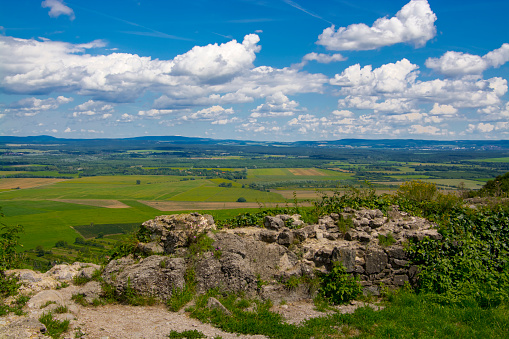 Landscape and ruins of the medieval castle on the Mount of Somlo in Hungary in Summer