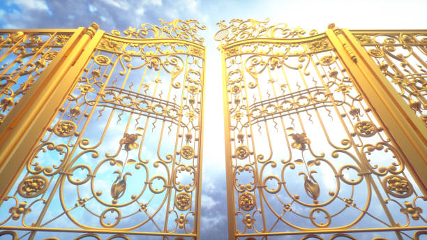 Golden gate to heaven. The gate open against the background of a colorful sky. 3D render