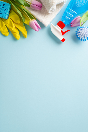 Cleaning supplies captured artistically. Top view vertical image of brush, gloves, tulips and detergents on a tranquil pastel blue surface. Create an appealing ad with the generous space for your text