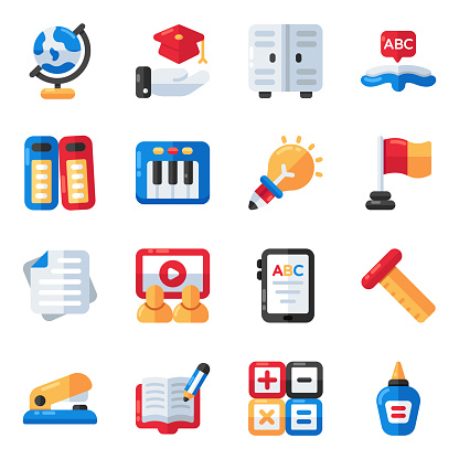 Explore this creatively crafted education flat icons. Offering modern education concept via elements and symbols that specifically belong to virtual or remote learning.