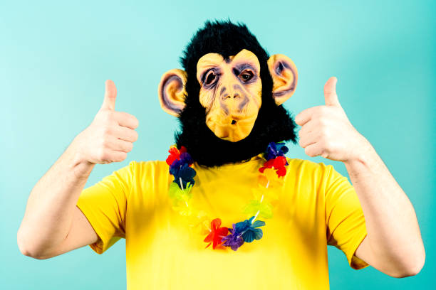 istock Monkey Mask Wearing Lei Gesturing Thumbs Up Summer Vibes 1952685942