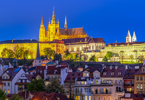 St. Vitus Cathedral over Lesser town (Mala Strana) at night, Czech Republic