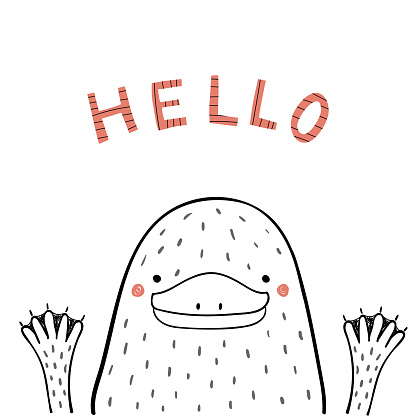 Hand drawn portrait of a cute funny platypus, waving, with text Hello. Isolated objects on white background. Line drawing. Vector illustration. Design concept for children print.