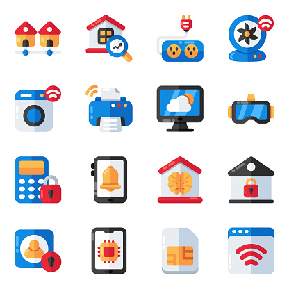 This vector download consists of smart house flat icons. The technology themed icons include smart devices, gadgets and more.