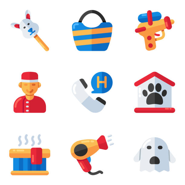 Set of Traveling and Adventure Flat Icons Get traveling flat icons. Editable vectors are ready to use as web background and graphic designing. Happy downloading. pac man vector stock illustrations