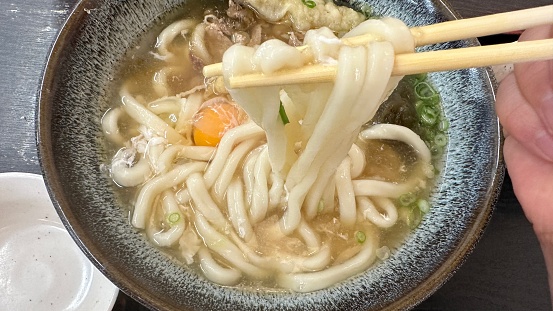 Udon noodles in a hot