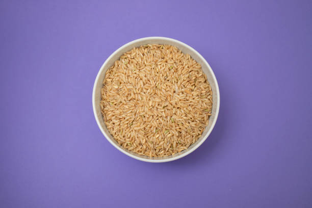 uncooked brown rice in white bowl - long grain foto e immagini stock