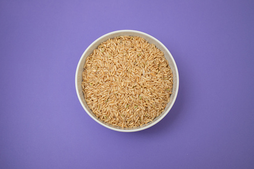 Uncooked Brown rice in white small bowl