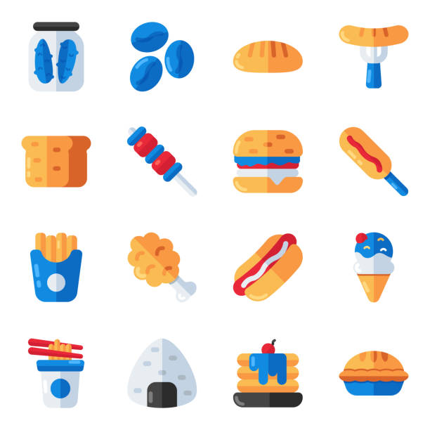 satz von flachen symbolen für lebensmittel und gemüse - nigri sushi stock-grafiken, -clipart, -cartoons und -symbole