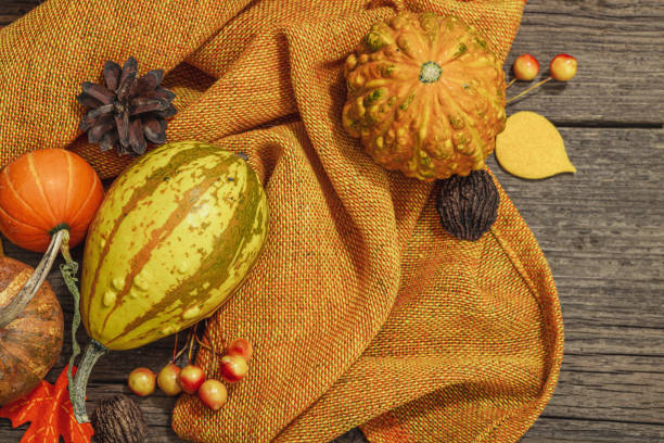 Autumn composition on wooden background. Assortment of decorative pumpkins, berries and fall leaves. Traditional symbol, festive design, top view
