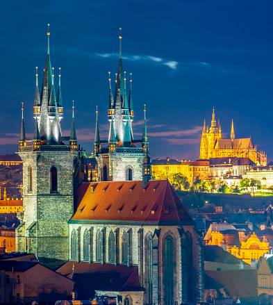 Prague cityscape at night with church of Our Lady before Tyn, Czech Republic