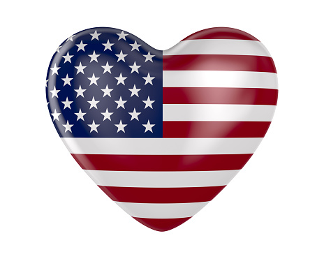 heart with American flag on white background. Isolated 3D illustration