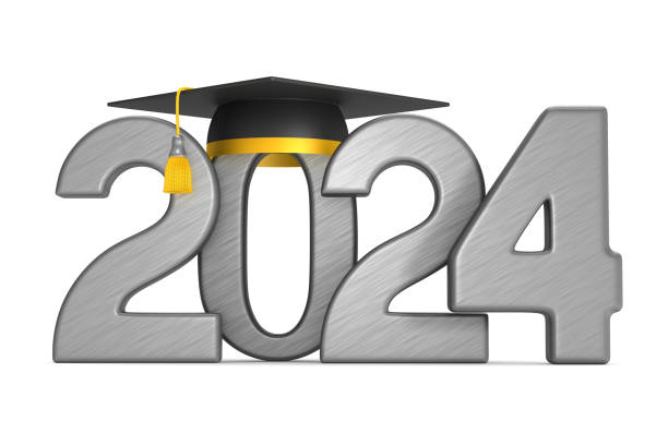2024 year and graduation cap on white background. Isolated 3D illustration