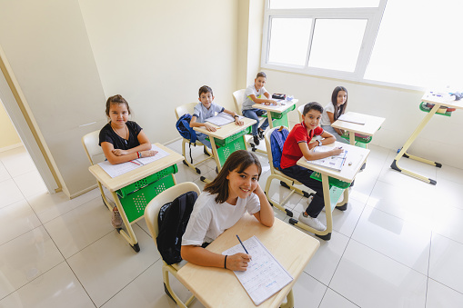 Portrait of happy school children sitting at the desk on lesson in classroom while writing\n\nA high angle view portrait of a group of concentrated small school children sitting at their desks, writing in a high school classroom. The boy and girl teenager students are engaged in their lesson and smiling towards the camera