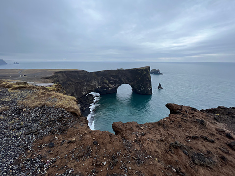 Aerial view of the Dyrholaey Black Sand Beach of Vik, Iceland