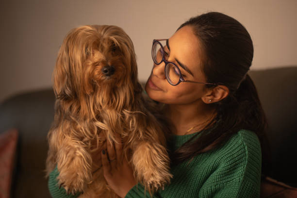 istock Smiling woman embracing dog on sofa 1952749100