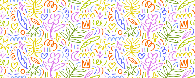 Colorful seamless pattern with charcoal botanical and childish shapes. Hand drawn flowers, leaves, crowns and stars with speckles. Grunge pencil doodle drawing. Rough crayon strokes, doodle pattern.