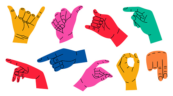 Set of colorful hands with different gestures. Modern trendy flat cartoon style. Hand drawn vector illustration. Hands show different signs and symbols. Body language for communication