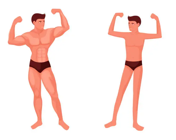 Vector illustration of Muscular and weak man. Powerful bodybuilder stands opposite thin character