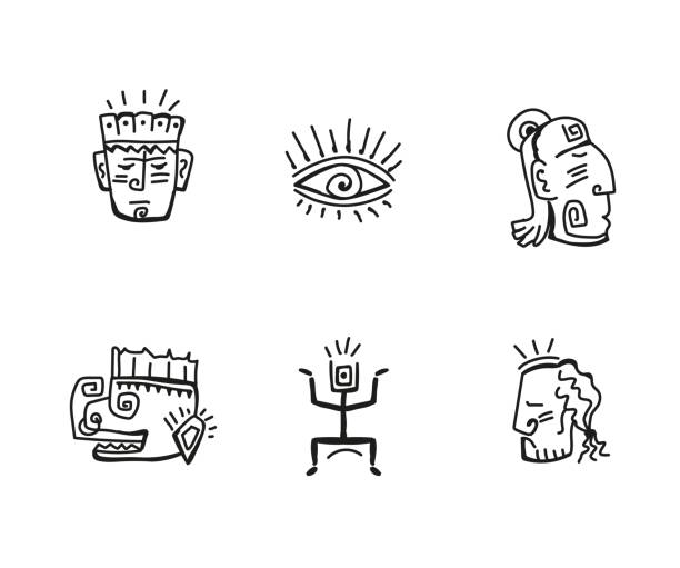 ilustraciones, imágenes clip art, dibujos animados e iconos de stock de símbolos de iconos incas mayas nativos americanos. dibujos a mano de tribus africanas - dibujos aztecas
