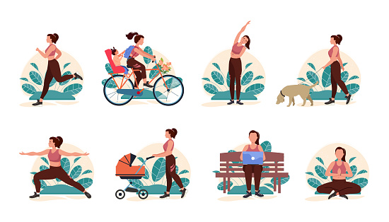 Happy woman doing different outdoor activities: running, dog walking, yoga, exercising, sport, cycling, walking with baby carriage. Vector illustration in flat style, healthy lifestyle concept.