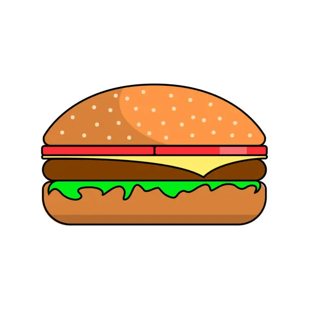 Vector illustration of Burger with meat, cheese, lettuce and tomatoes. The Сheeseburger is isolated on a white background, flat design.