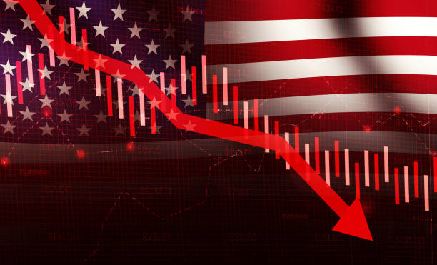 istock Falling Economy of USA concept background with red graph going down and waving flag. American economy going down with flag in the backdrop design 1952801246