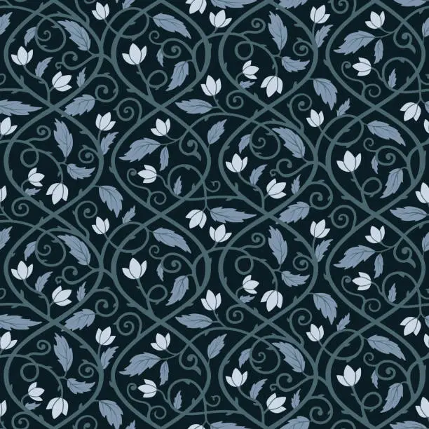 Vector illustration of Vintage floral seamless pattern. Dark blue winter repeated vector background illustration