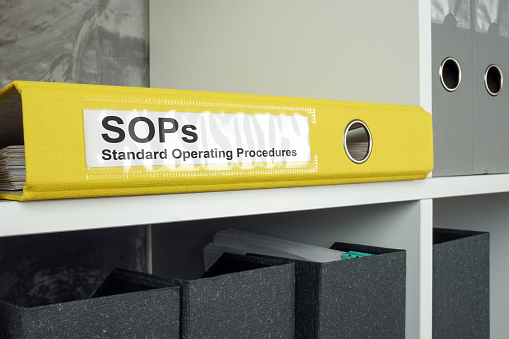 SOP Standard operating procedure concept. Yellow folder lies on an office shelf.