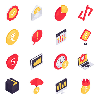 Making your set more attractive by holding these beautiful colored icons. These isometric icons are a clear depiction of business. Furthermore, the package has editable vectors with white background, available for download.