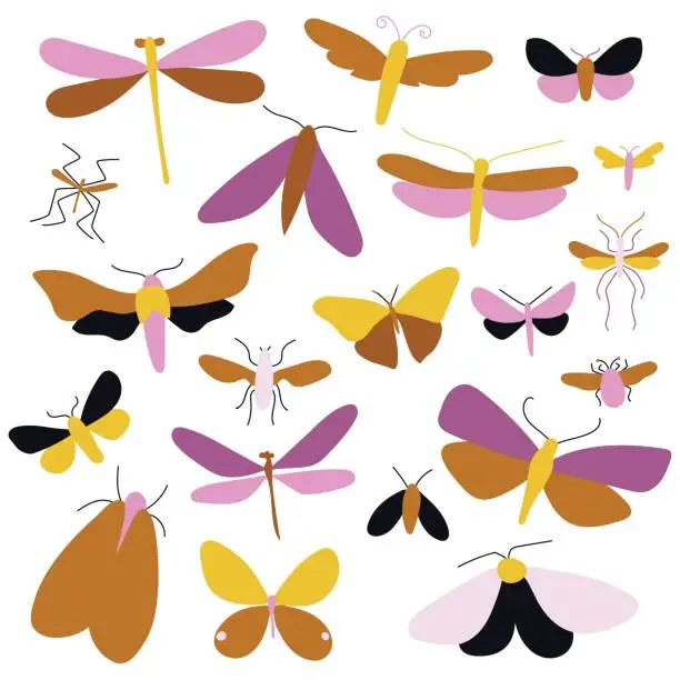 Vector illustration of Set of 20 insects. Set of stickers. Perfect for wallpapers, gift paper, greeting cards, fabrics, textiles, web designs. All objects are separated. Vector illustration.