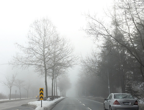 Surrey, Canada - January 20, 2024: Looking southeast on the Fraser Highway near 188th Street in the North Cloverdale East neighbourhood. Winter morning in Metro Vancouver.