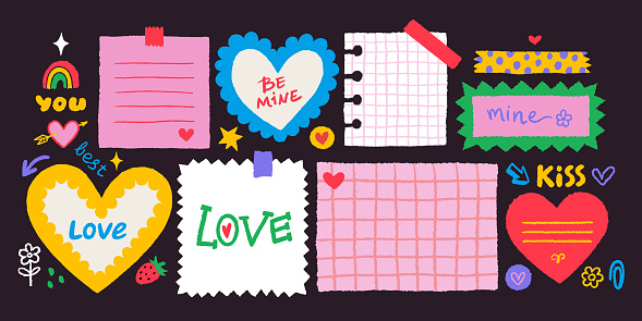 Paper valentine memo notes on stickers. Vector vintage sticky notes and pages with torn edges and grunge paper texture for love notes, reminders, to do lists, planner. Hand drawn Cartoon illustration