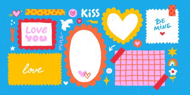 illustrations, cliparts, dessins animés et icônes de paper valentine memo notes on stickers. vector vintage sticky notes and pages with torn edges - romance backgrounds sticky paper