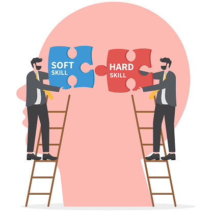 Businessman holding two pieces between Hard VS Soft Skills Concept on big head human Idea Development ,Multiple Intelligences Vector Illustration