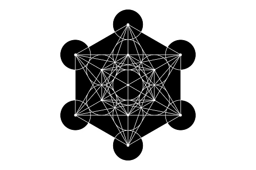 Metatrons Cube, Flower of Life. Sacred geometry, graphic element Vector isolated Illustration. Mystic icon platonic solids, black abstract geometric drawing, typical crop circles, white background