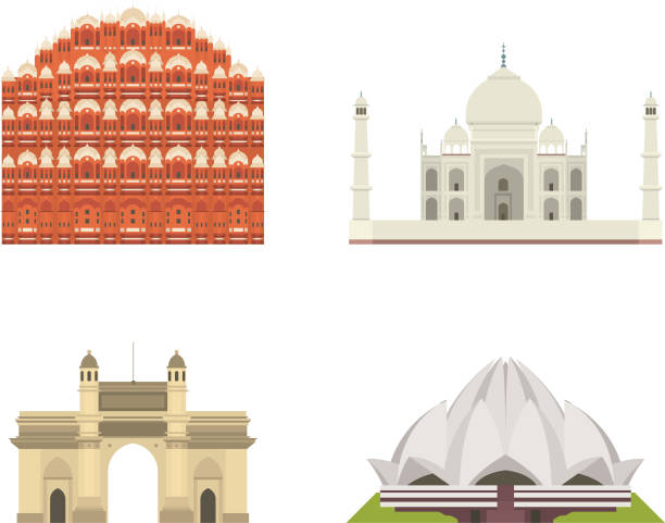 ilustrações de stock, clip art, desenhos animados e ícones de set of cartoon symbols of india. popular tourist architectural object: hawa mahal, taj mahal, gate of india, lotus temple. - mumbai delhi temple india