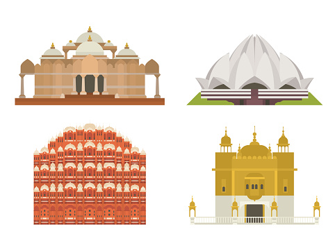 Popular tourist architectural object. India icons set.